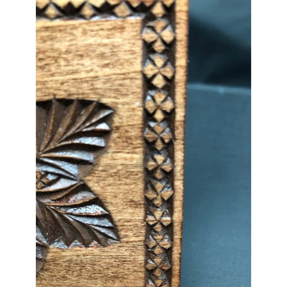 Hand Carved Artisan Wood Wall Plaque Floral Leaf Motif Square Folk Art Decor 4x4